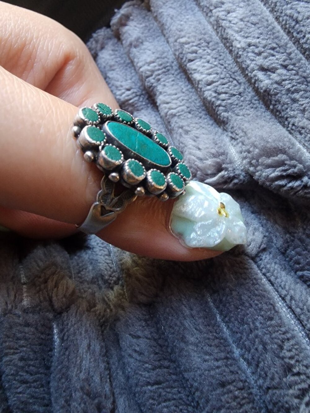 Vintage Sterling Silver & Green Turquoise Cluster Statement Ring Size 6/7